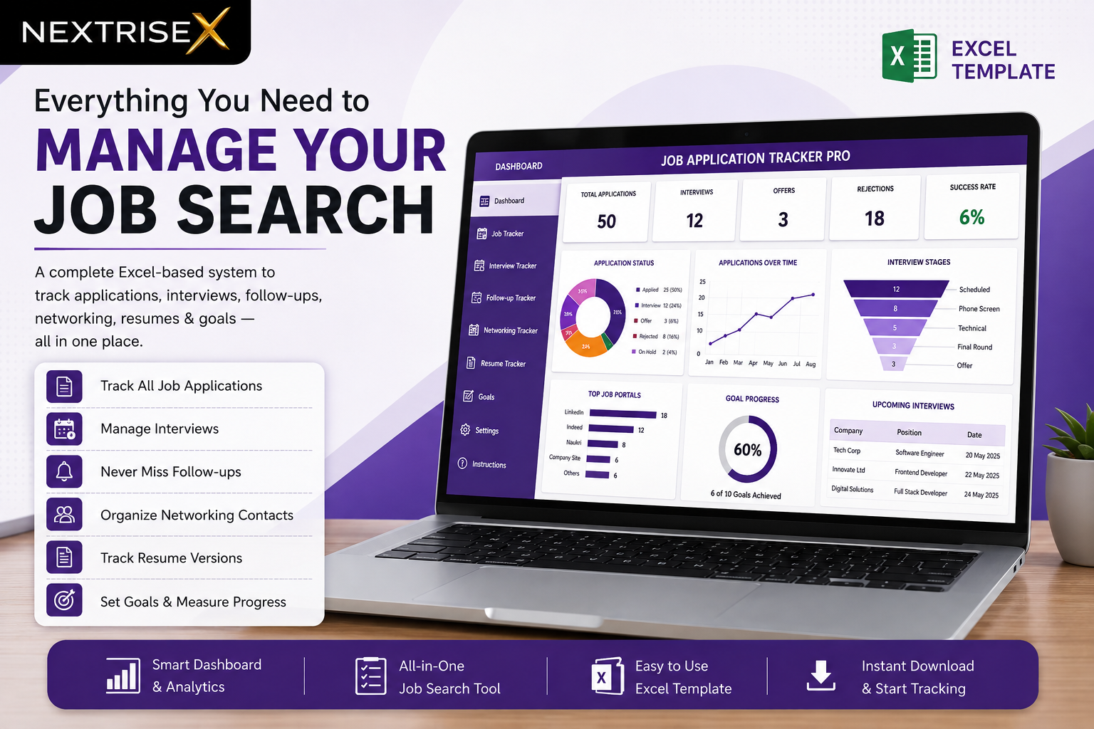 Job Application Tracker Pro – Excel Job Search & Application Management Template